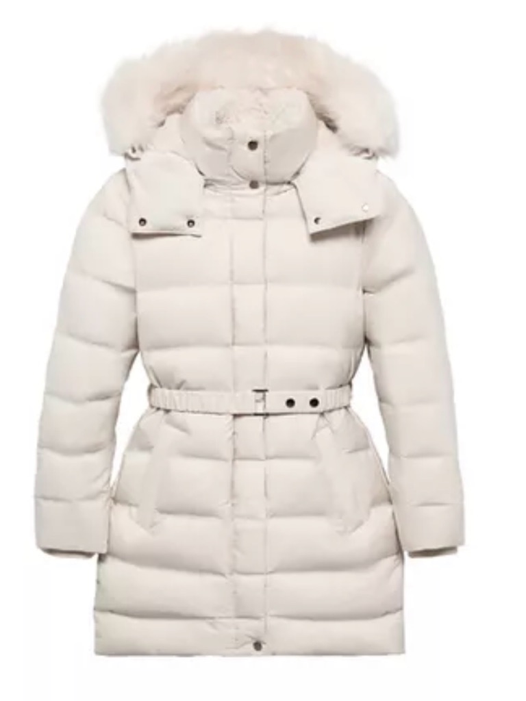 Zara Cream Quilted Belted Puffer Coat With Faux Fur Hood